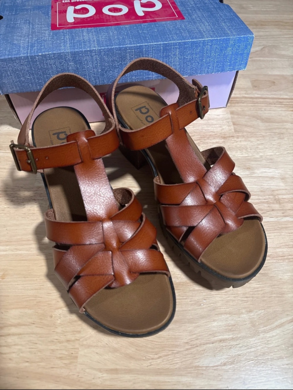 pop Cognac Strappy Woven Leather Sandals